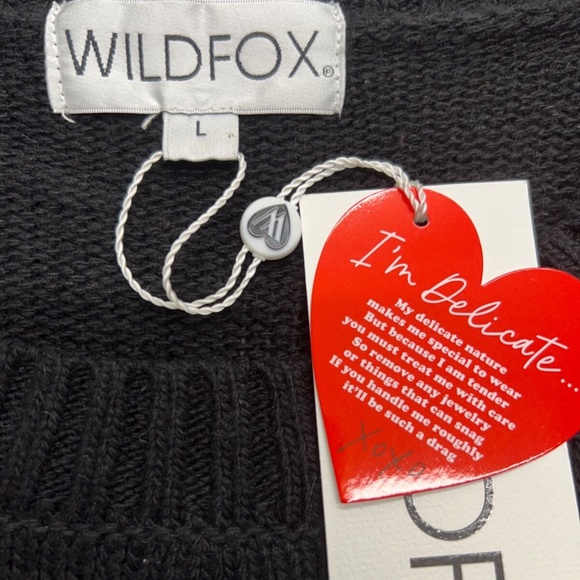 Wildfox Sweater L Black Relaxed Fit Crewneck Pull Over Chain Fringe Wool Blend - Picture 9 of 12